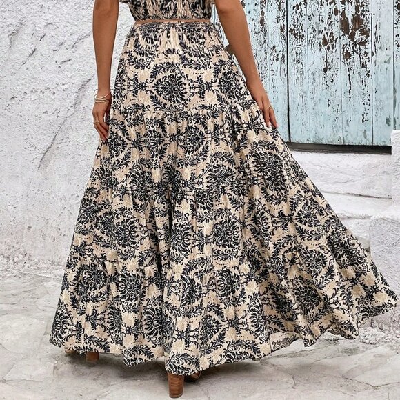 Multicolor Casual Womens Allover Print Ruffle Trim Top & Skirt - Picture 2 of 4